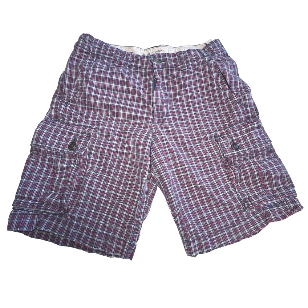 American Eagle Outfitters Plaid‎ Cargo Shorts 34 Classic Length Pockets Trendy